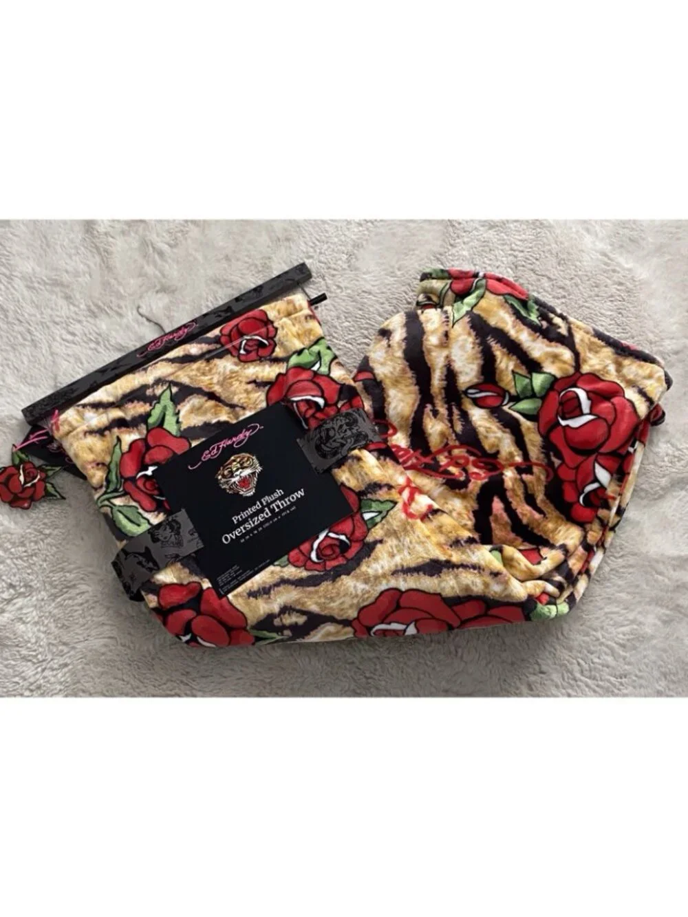Ed Hardy Oversized Plush Throw Blanket Tiger Stripes Print W/Red Roses Logo NEW